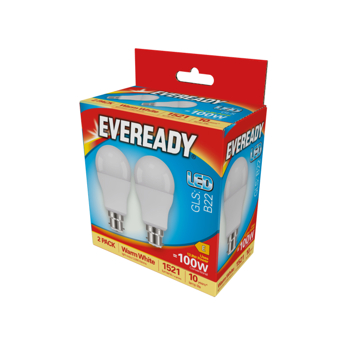 Eveready LED GLS BC B22 3000k Warm White Pack 2