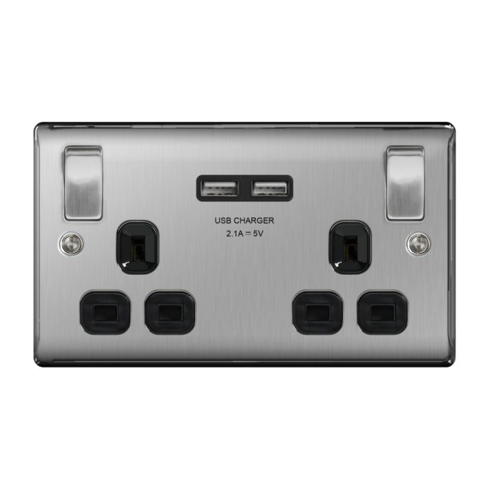 Bg 13A 2 Gang Switch Socket & Usb Brushed Steel With Black Inserts