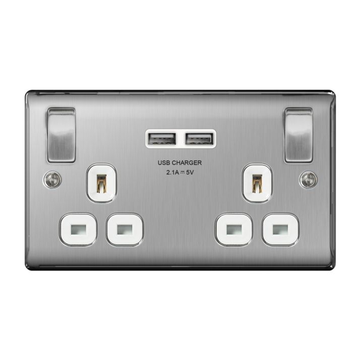 Bg 13A 2 Gang Switch Socket & Usb Brushed Steel With White Inserts