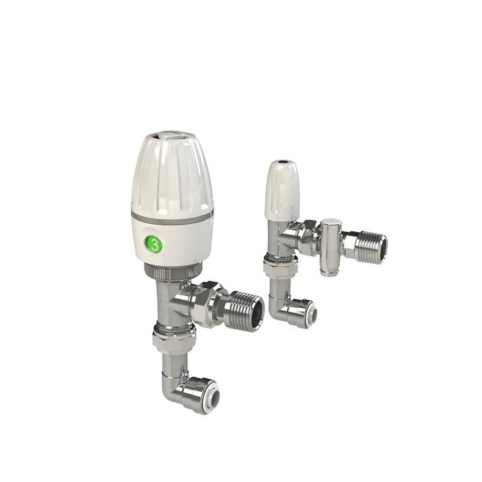 Pegler Yorkshire angled thermostatic radiator valve and lockshield with drain off (and push fit elbow 10mm) 15mm 
