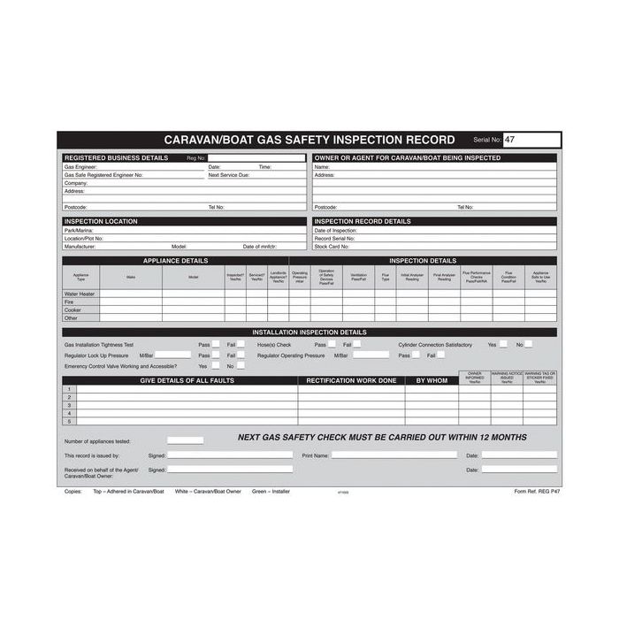 Regin REGP47 caravan gas inspection record pad 