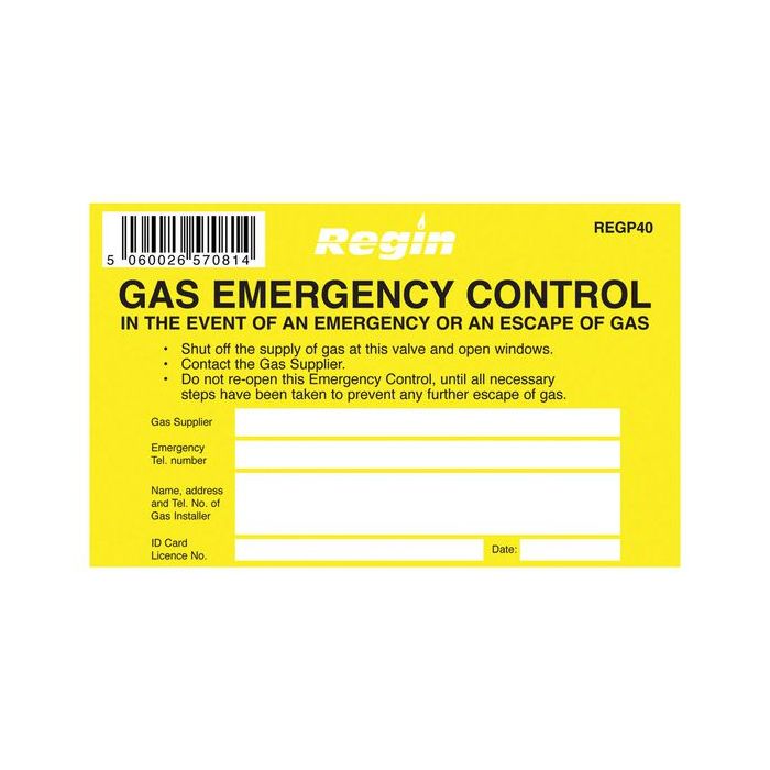 Regin REGP40 gas emergency control sticker (Pack of 8) 