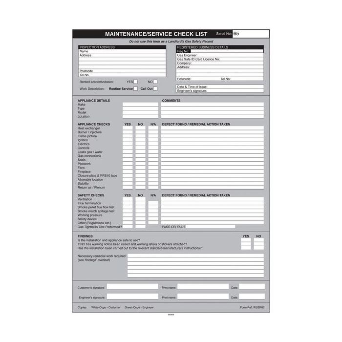 Regin REGP65 maintenance check list pad 