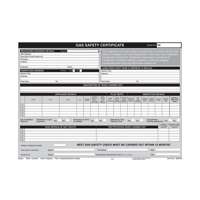 Regin REGP46 gas safety/lanchorlords certificate pad 