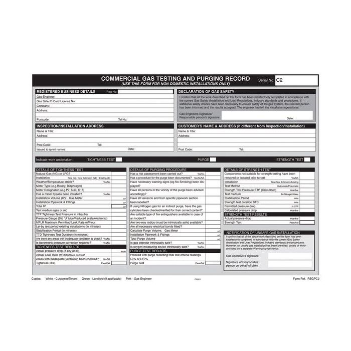 Regin REGPC2 gas testing and purging record pad 