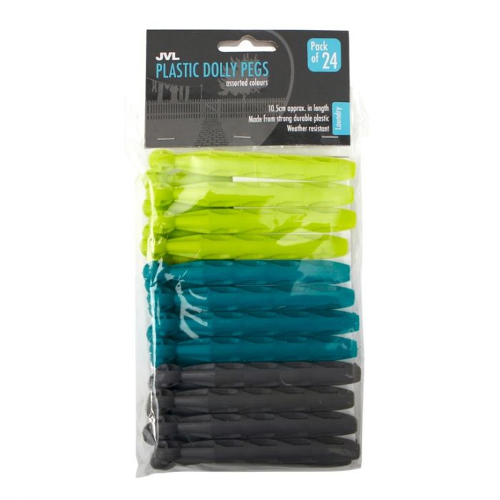 Jvl 24 Pack Plastic Dolly Pegs Turquoise/Lime/Grey